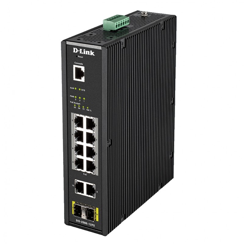 D-Link 12 Port L2 Industrial Smart Managed Switch with 10 x 1GBaseT(X) ports (8 PoE 240W) & 2 x SFP ports, DIS-200G-12PS