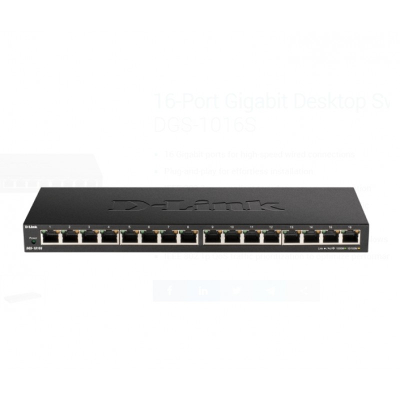 D-Link 16-Port 10/100/1000Mbps Unmanaged Gigabit Ethernet Switch, DGS-1016S
