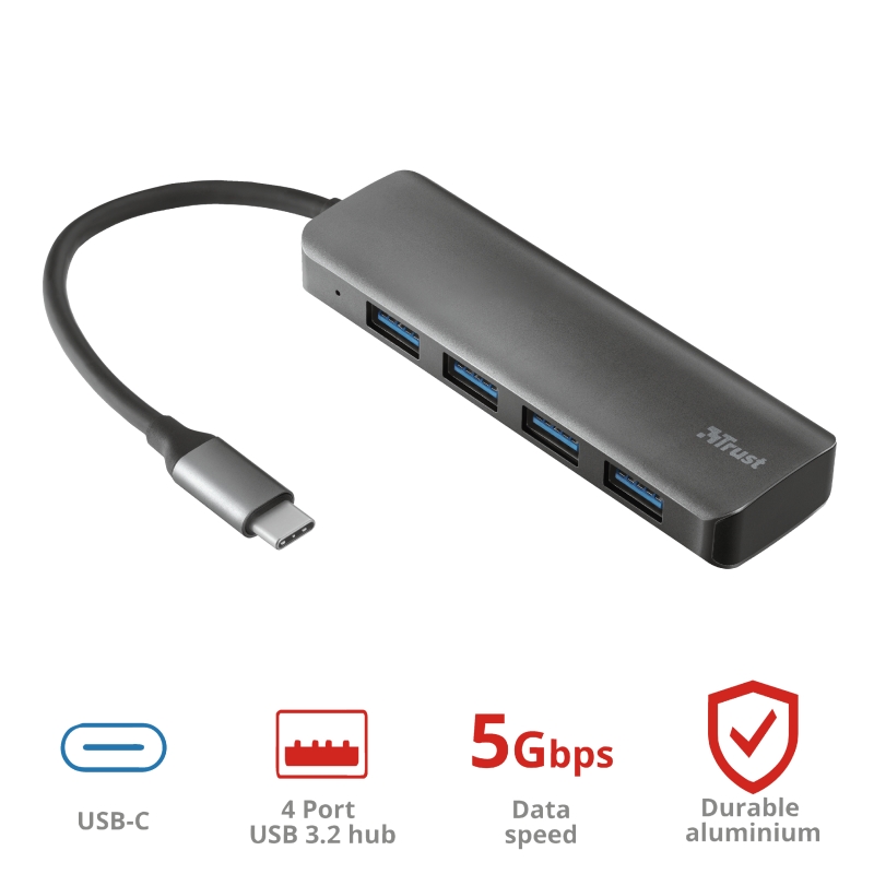 TRUST Halyx Alum. USB-C to 4-Port USB3.2 Hub, 23328