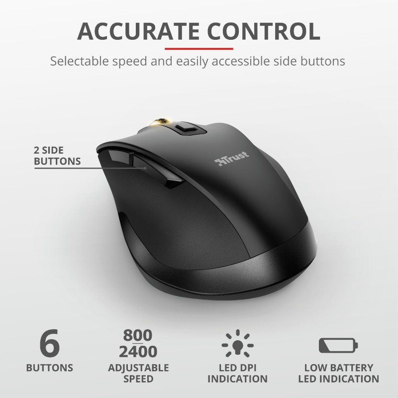 TRUST Fyda Wireless Ergonomic Rechargeable Mouse, 23804