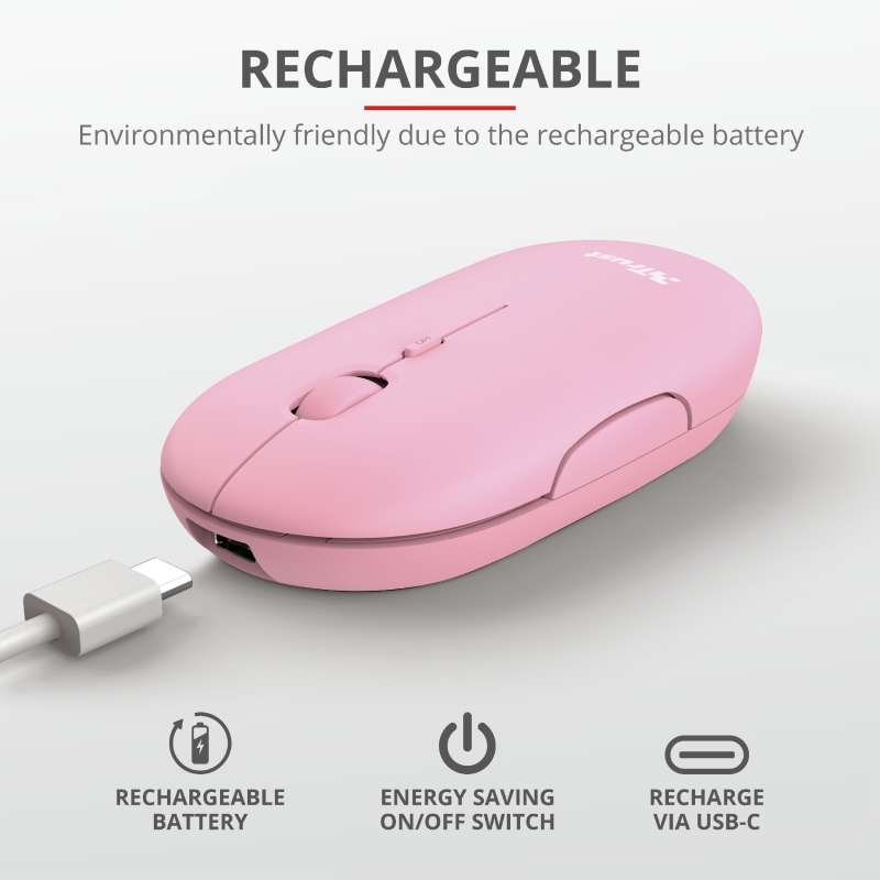 TRUST Puck Wireless & BT Rechargeable Mouse Pink, 24125