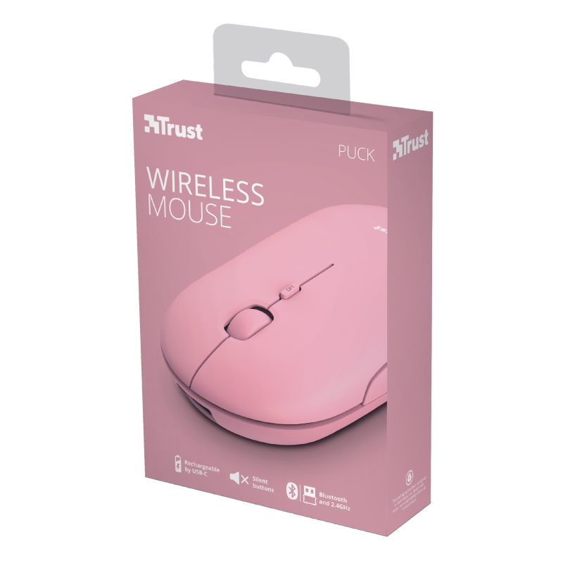 TRUST Puck Wireless & BT Rechargeable Mouse Pink, 24125