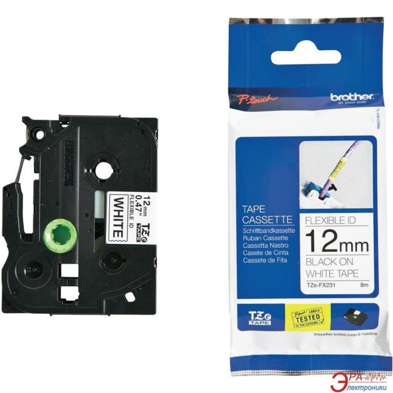 TZ Tape BROTHER 12mm Black on White, Flexible, 8m lenght, for P-Touch-TZEFX231