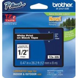TZ Tape BROTHER 12mm White on Black, Laminated, 8m lenght, for P-Touch