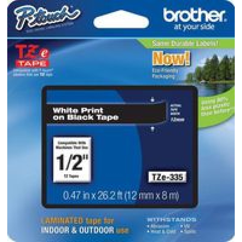 TZ Tape BROTHER 12mm White on Black, Laminated, 8m lenght, for P-Touch-TZE335