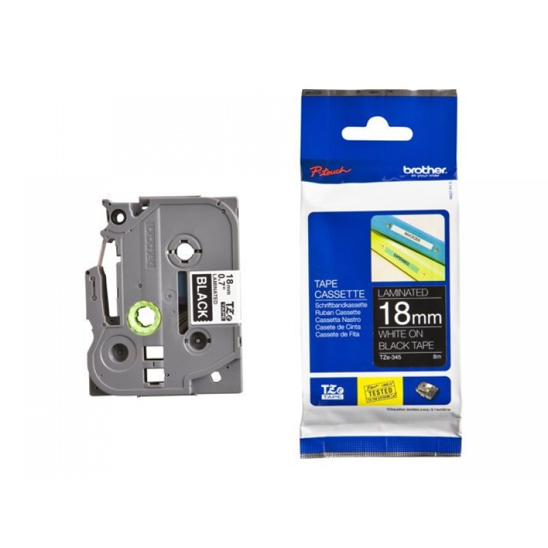 Tape BROTHER TZ, Laminated, 18mm WHITE ON BLACK, 8m lenght, for P-Touch-TZE345
