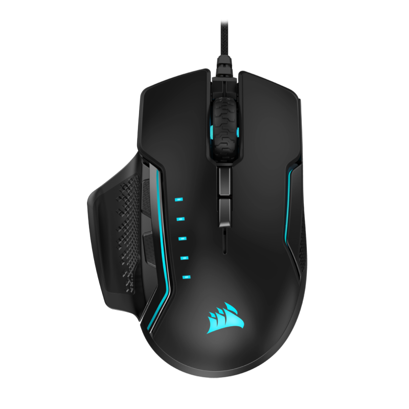 Геймърска мишка Corsair Glaive RGB PRO, Comfort FPS/MOBA (7 програмируеми бутона, 1 профил, 3 зони RGB, 18 000 dpi, до 1000Hz, USB, сменяеми ръкохватки, Black)-CH-9302211-EU