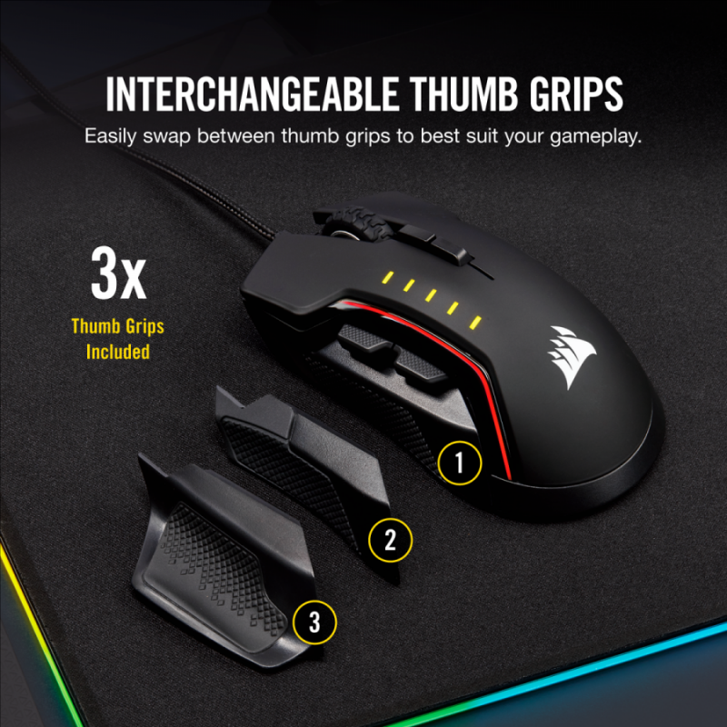 Геймърска мишка Corsair Glaive RGB PRO, Comfort FPS/MOBA (7 програмируеми бутона, 1 профил, 3 зони RGB, 18 000 dpi, до 1000Hz, USB, сменяеми ръкохватки, Black)-CH-9302211-EU