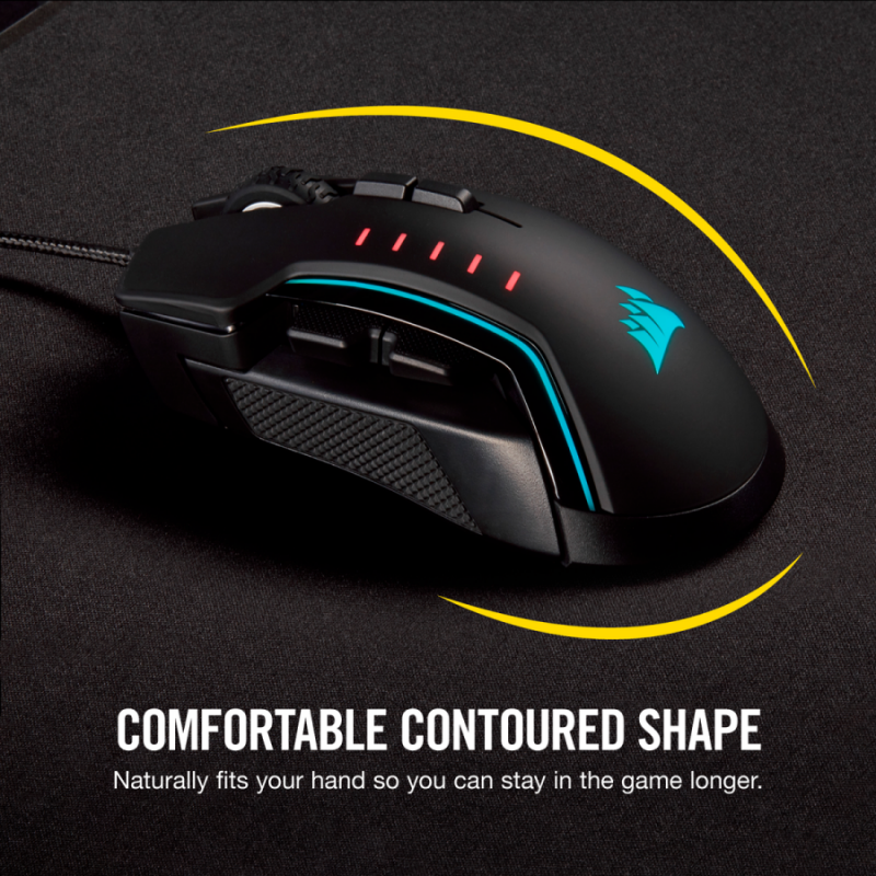Геймърска мишка Corsair Glaive RGB PRO, Comfort FPS/MOBA (7 програмируеми бутона, 1 профил, 3 зони RGB, 18 000 dpi, до 1000Hz, USB, сменяеми ръкохватки, Black)-CH-9302211-EU