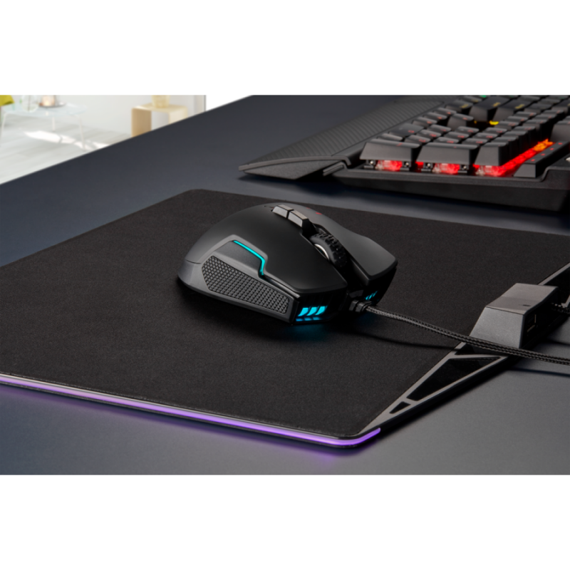 Геймърска мишка Corsair Glaive RGB PRO, Comfort FPS/MOBA (7 програмируеми бутона, 1 профил, 3 зони RGB, 18 000 dpi, до 1000Hz, USB, сменяеми ръкохватки, Black)-CH-9302211-EU