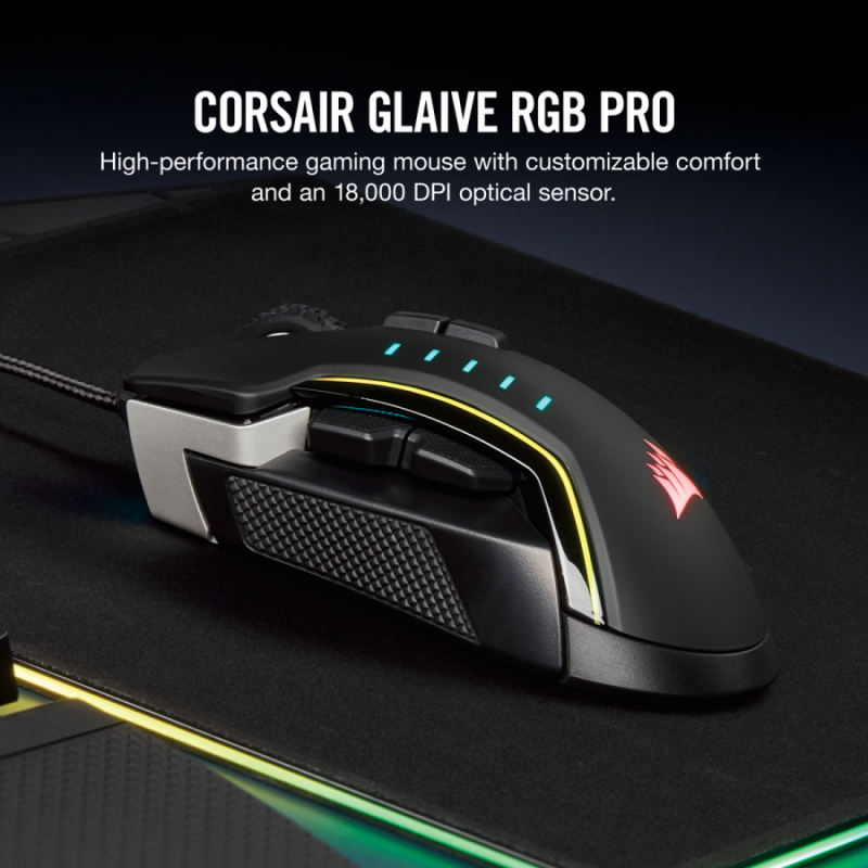 Геймърска мишка Corsair Glaive RGB PRO, Comfort FPS/MOBA (7 програмируеми бутона, 1 профил, 3 зони RGB, 18 000 dpi, до 1000Hz, USB, сменяеми ръкохватки, Aluminium & Black)-CH-9302311-EU