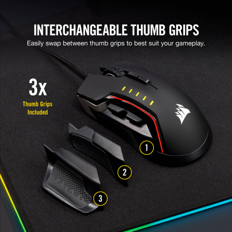 Геймърска мишка Corsair Glaive RGB PRO, Comfort FPS/MOBA (7 програмируеми бутона, 1 профил, 3 зони RGB, 18 000 dpi, до 1000Hz, USB, сменяеми ръкохватки, Aluminium & Black)-CH-9302311-EU