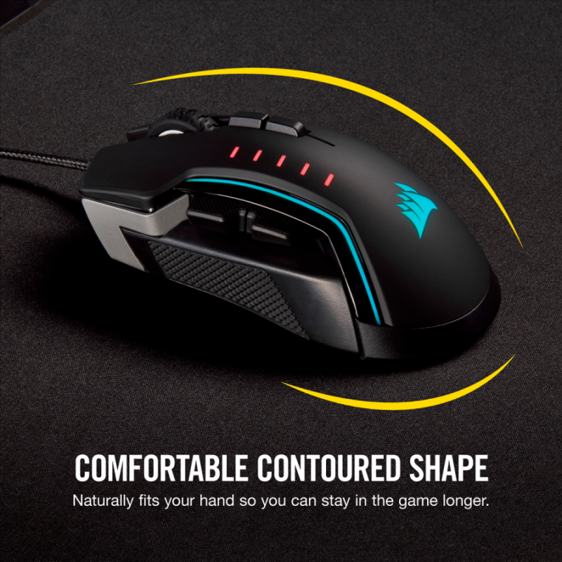 Геймърска мишка Corsair Glaive RGB PRO, Comfort FPS/MOBA (7 програмируеми бутона, 1 профил, 3 зони RGB, 18 000 dpi, до 1000Hz, USB, сменяеми ръкохватки, Aluminium & Black)-CH-9302311-EU