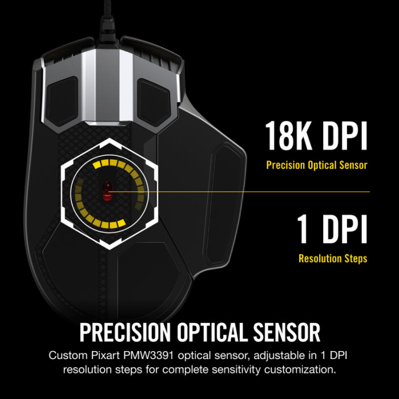 Геймърска мишка Corsair Glaive RGB PRO, Comfort FPS/MOBA (7 програмируеми бутона, 1 профил, 3 зони RGB, 18 000 dpi, до 1000Hz, USB, сменяеми ръкохватки, Aluminium & Black)-CH-9302311-EU