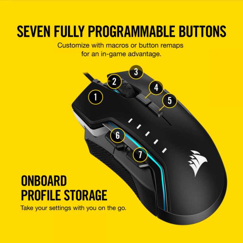 Геймърска мишка Corsair Glaive RGB PRO, Comfort FPS/MOBA (7 програмируеми бутона, 1 профил, 3 зони RGB, 18 000 dpi, до 1000Hz, USB, сменяеми ръкохватки, Aluminium & Black)-CH-9302311-EU