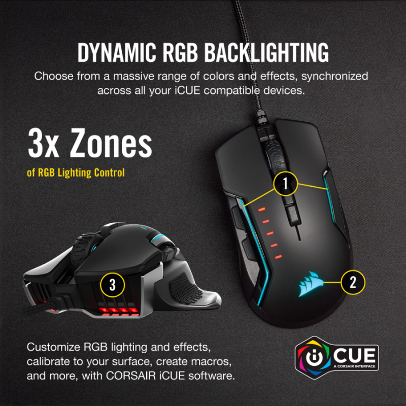 Геймърска мишка Corsair Glaive RGB PRO, Comfort FPS/MOBA (7 програмируеми бутона, 1 профил, 3 зони RGB, 18 000 dpi, до 1000Hz, USB, сменяеми ръкохватки, Aluminium & Black)-CH-9302311-EU