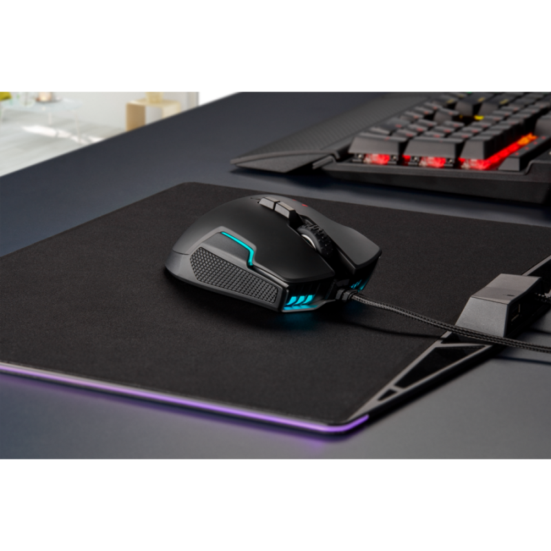 Геймърска мишка Corsair Glaive RGB PRO, Comfort FPS/MOBA (7 програмируеми бутона, 1 профил, 3 зони RGB, 18 000 dpi, до 1000Hz, USB, сменяеми ръкохватки, Aluminium & Black)-CH-9302311-EU