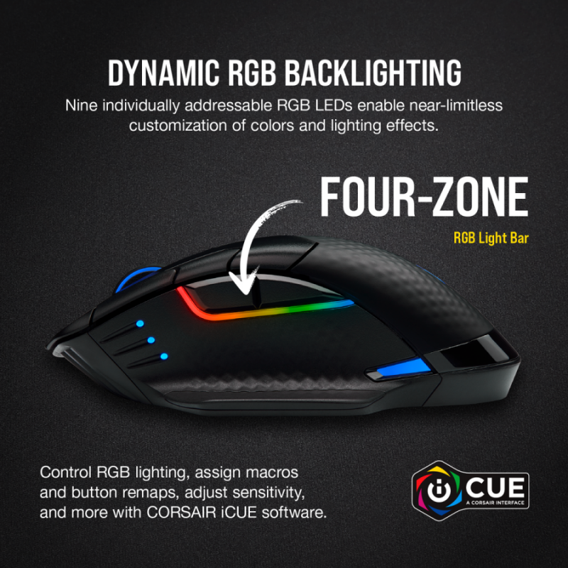 Геймърска мишка Dark Core RGB Pro SE Wireless Gaming Mouse with SLIPSTREAM Technology, Qi® Wireless charging, FPS/MOBA (8 програмируеми бутона, 3 профилa, RGB LED, 18 000 dpi, до 2000Hz, Wireless & USB, Black)-CH-9315511-EU