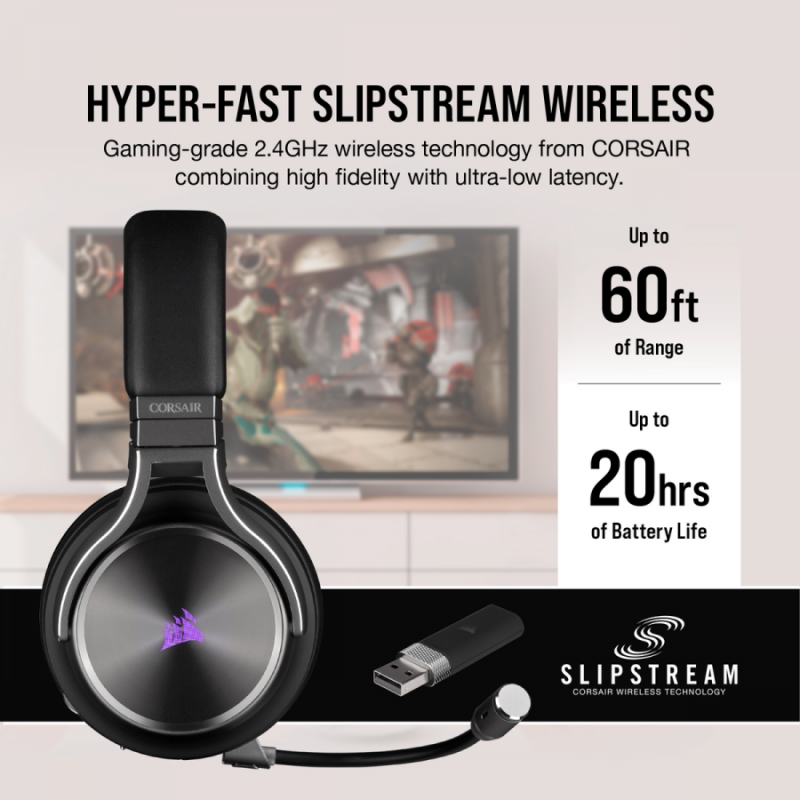 Геймърски слушалки Corsair Virtuoso RGB Wireless SE with Slipstream High-Fidelity Gaming Headset (50mm неодимови говорители, 7.1 съраунд, 20 часа с едно зареждане, контрол на звука, микрофон, USB) Gunmetal-CA-9011180-EU