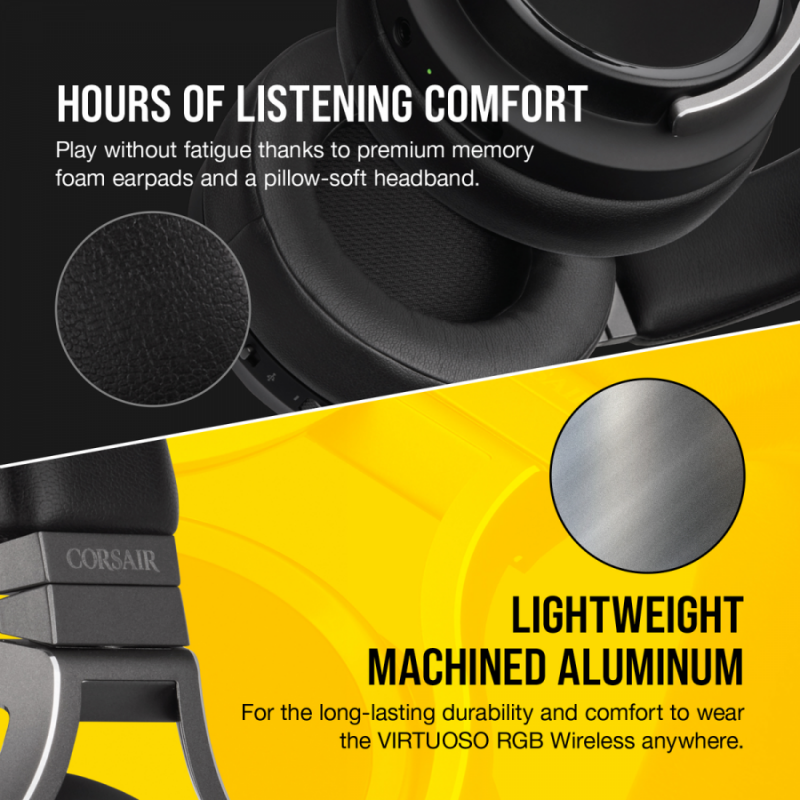 Геймърски слушалки Corsair Virtuoso RGB Wireless with Slipstream High-Fidelity Gaming Headset (50mm неодимови говорители, 7.1 съраунд, 20 часа с едно зареждане, контрол на звука, микрофон, USB) Carbon-CA-9011185-EU
