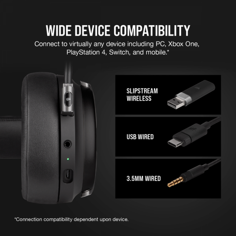 Геймърски слушалки Corsair Virtuoso RGB Wireless with Slipstream High-Fidelity Gaming Headset (50mm неодимови говорители, 7.1 съраунд, 20 часа с едно зареждане, контрол на звука, микрофон, USB) Carbon-CA-9011185-EU