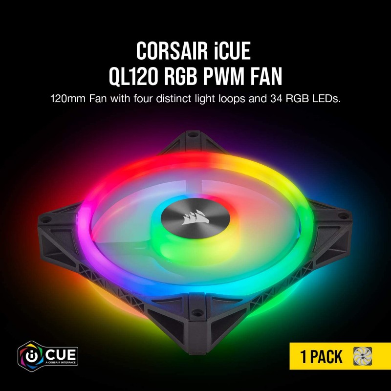 Corsair iCUE QL120 RGB Individually Addressable RGB LED, PWM control, 120mm Fan, Single Pack-CO-9050097-WW