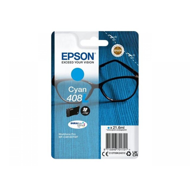 EPSON Singlepack Cyan 408XL DURABrite Ultra Ink, C13T09K24010