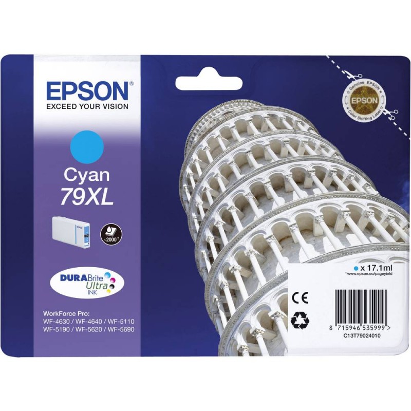 Ink Cartridge EPSON DURABrite™ Ultra, 79XL, Singlepack, 1 x 17.1 ml Cyan, High, XL for WorkForce Pro WF-4630DWF/WF-4640DTWF/WF-5110DW/WF-5190DW/WF-5620DWF/WF-5690DWF-C13T79024010