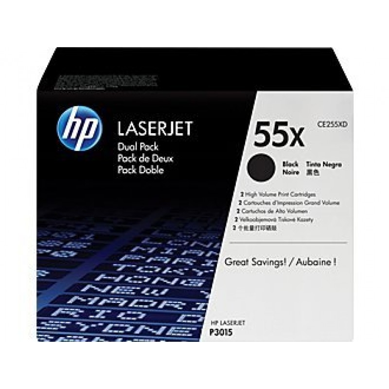 HP 55XD Original LaserJet cartridge; black; 12,500 to 13,500  Page Yield ; 2 - pack; HP Laserjet P3015/M521MFP/M525MFP-CE255XD