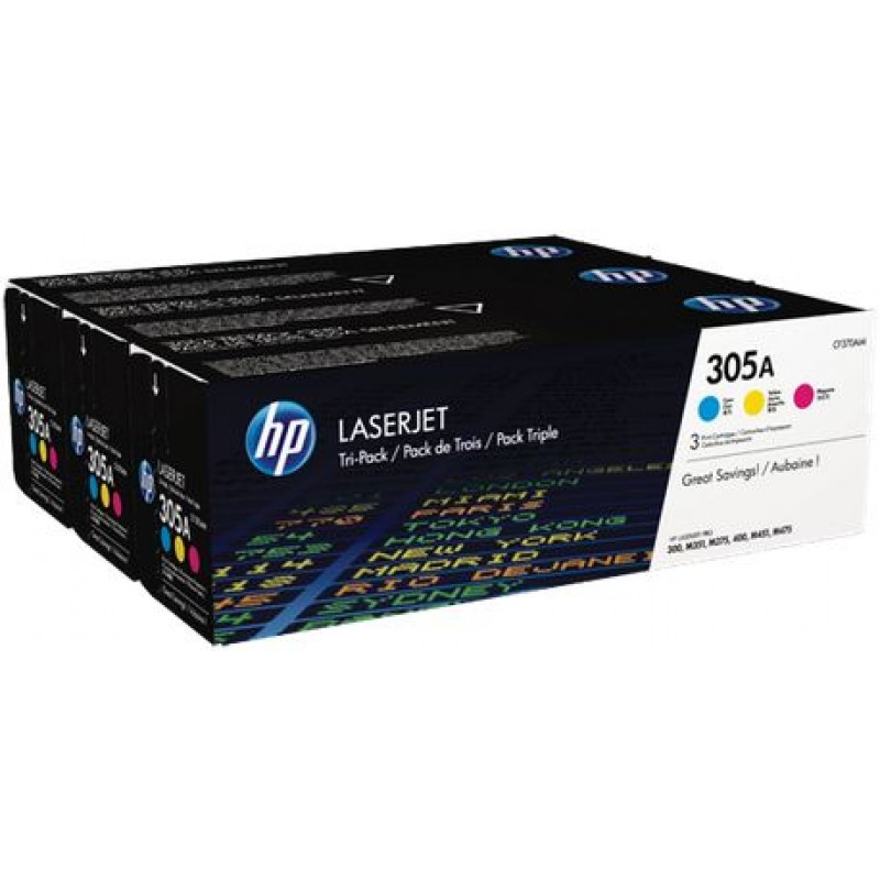 HP 305A Original LaserJet cartridge; cym; 2600 Page Yield ; 3 - pack; CLJ Pro 300 Color M351 /Pro 400 Color M451/Pro 300 Color MFP M375/Pro 400 Color MFP M475-CF370AM