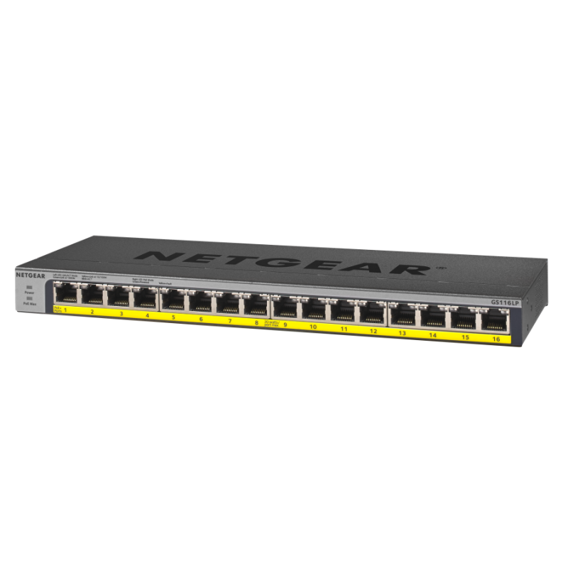 Netgear GS116LP, 16x 10/100/1000 ProSafe Gigabit switch, 16x POE+ ports, (Up to 76W), Fanless-GS116LP-100EUS