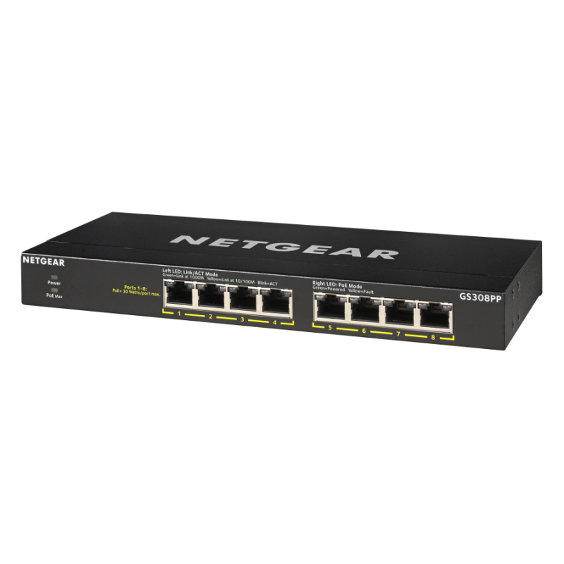 Netgear GS308PP, 8 x 10/100/1000 Gigabit Switch 8 x PoE+, (metal case) (Up to 83W) (up to 123W with EPS130W)-GS308PP-100EUS
