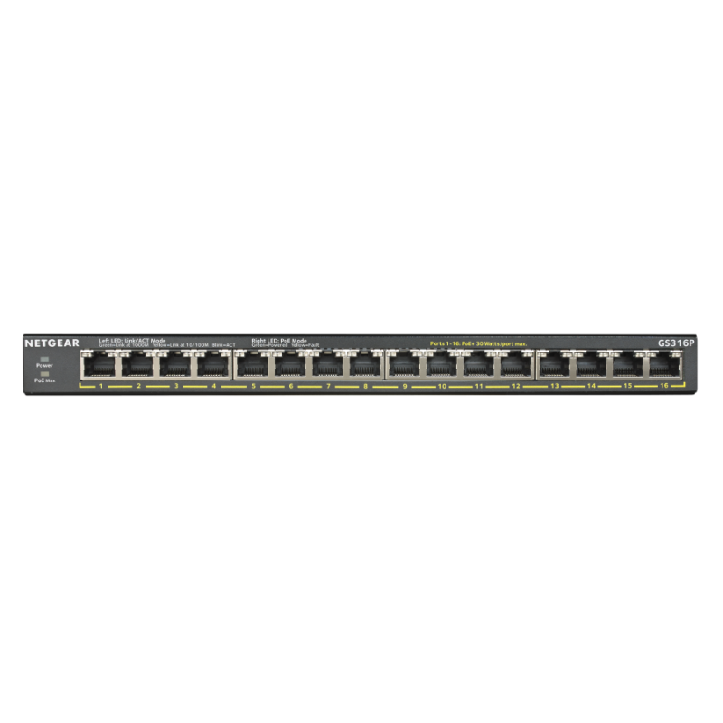 Netgear GS316P, 16 x 10/100/1000 Gigabit Switch 16 x PoE+, (metal case) (Up to 115W) (up to 183W with EPS200W)-GS316P-100EUS