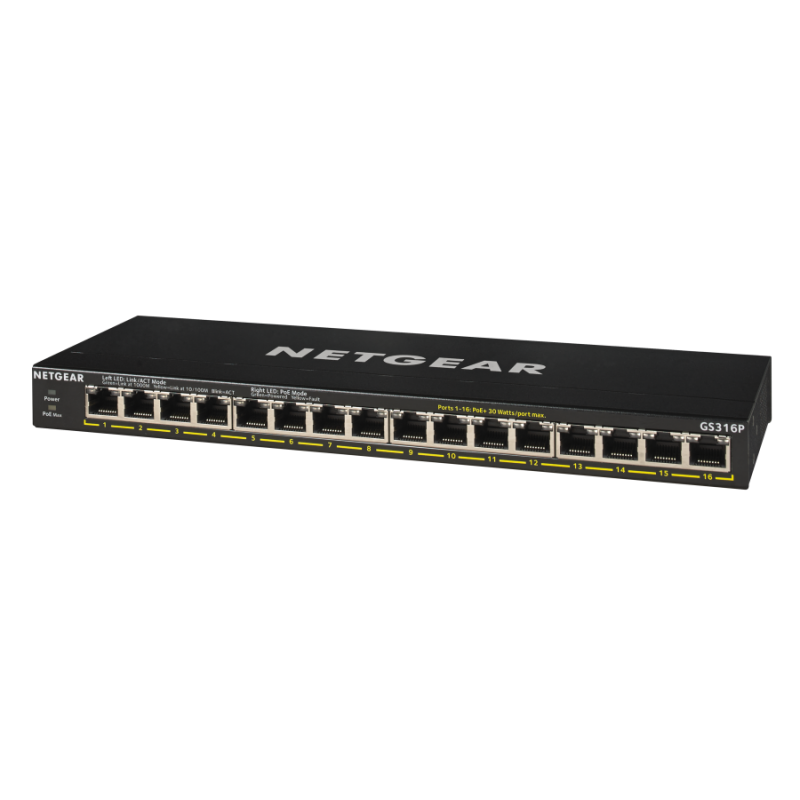 Netgear GS316P, 16 x 10/100/1000 Gigabit Switch 16 x PoE+, (metal case) (Up to 115W) (up to 183W with EPS200W)-GS316P-100EUS