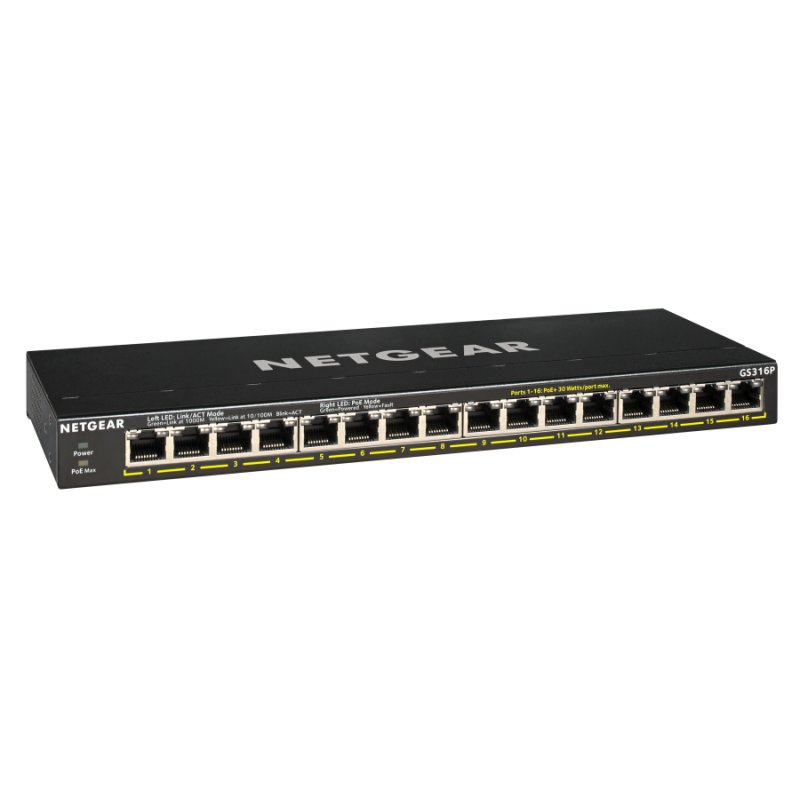 Netgear GS316P, 16 x 10/100/1000 Gigabit Switch 16 x PoE+, (metal case) (Up to 115W) (up to 183W with EPS200W)-GS316P-100EUS