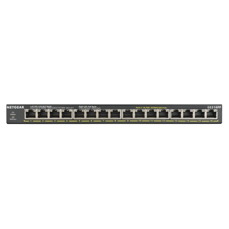 Netgear GS316P, 16 x 10/100/1000 Gigabit Switch 16 x PoE+, (metal case) (Up to 183W)-GS316PP-100EUS