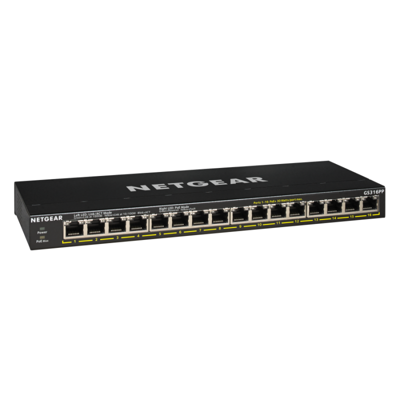 Netgear GS316P, 16 x 10/100/1000 Gigabit Switch 16 x PoE+, (metal case) (Up to 183W)-GS316PP-100EUS