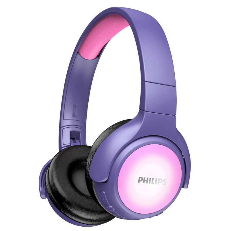 Philips Bluetooth детски слушалки, 32 мм мембрани/затворен гръб, Ограничена сила на звука до 85 dB, LED светлинни панели в наушниците, Конструкция с компактно и плоско сгъване, розов/лилав-TAKH402PK