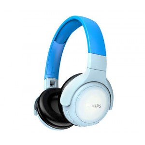 Philips Детски Bluetooth слушалки, подсилен дизайн, меки наушници, ултра лека и гъвкава лента за глава, 20 часа време за възпроизвеждане, Включени стикери за персонализиране, плоско сгъване,  LED светлинни панели в наушниците, цвят: син