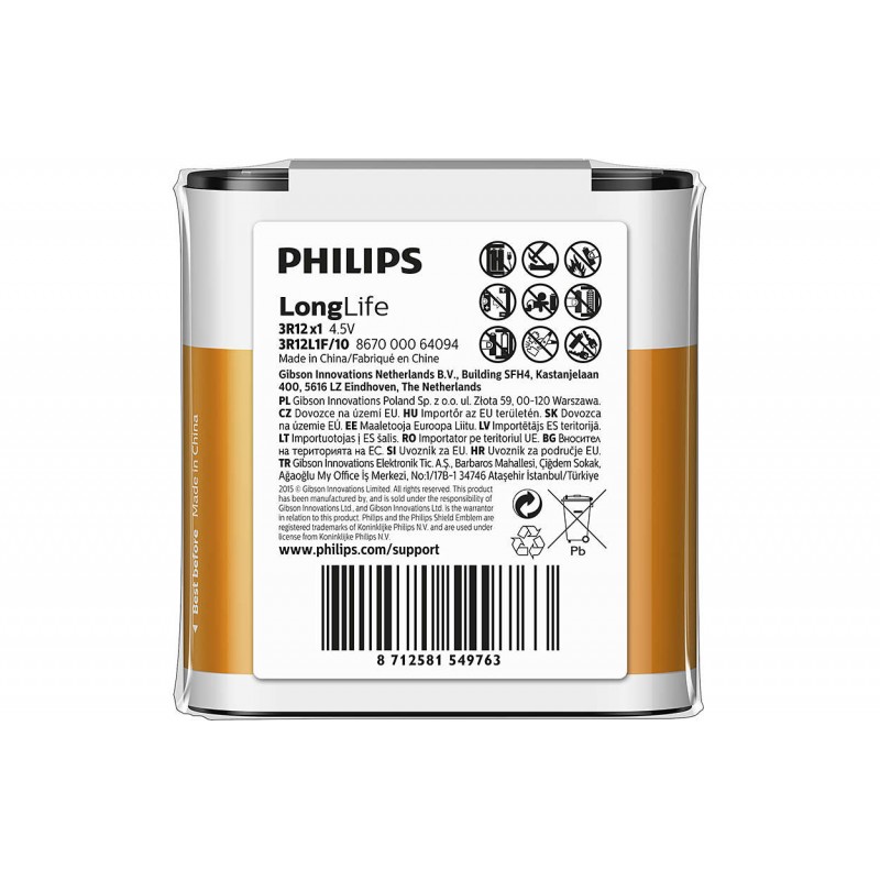 Philips Longlife батерия 4,5V 1-foil pack-3R12L1F/10