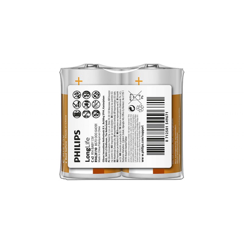 Philips Longlife батерия R14 (C), 2-foil pack-R14L2F/10