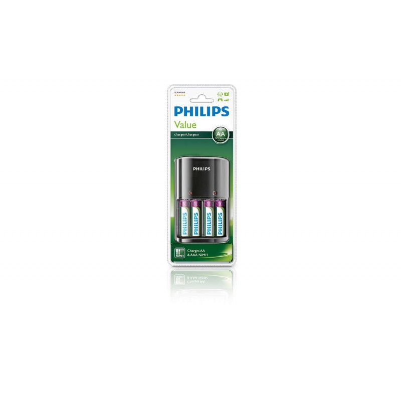 Philips зарядно за батерии  1/4 x AA/AAA, 170/80 mA, 220/240V, с включени батерии 4 x AA 2100mA-SCB1490NB/12