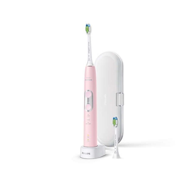 Philips Четка за зъби с акумулаторна батерия Sonicare ProtectiveClean 6100, Вграден сензор за натиск, 3 режима, 3 интензитети, 2 x BrushSync функции, Калъф за пътуване, цвят розов-HX6876/29