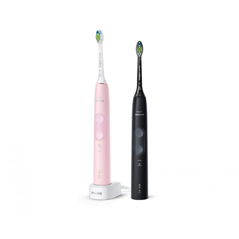 Philips Четки за зъби с акумулаторна батерия ProtectiveClean 4500 - 2бр Вграден сензор за натиск, 2 режима на чистене, 1 x функция BrushSync черен/розов-HX6830/35