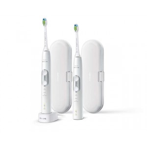 Philips Четки за зъби с акумулаторна батерия Sonicare ProtectiveClean 6100 2бр, Вграден сензор за натиск, 3 режима, 3 интензитети, 2 x BrushSync функции, Калъф за пътуване