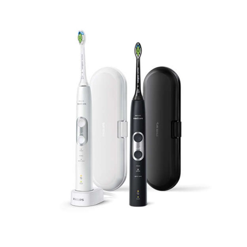 Philips Четки за зъби с акумулаторна батерия Sonicare ProtectiveClean 6100 2бр, Вграден сензор за натиск, 3 режима, 3 интензитети, 2 x BrushSync функции, Калъф за пътуване черна/бяла-HX6877/35