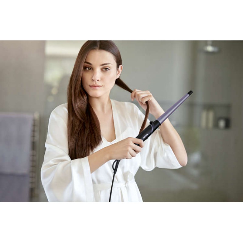Philips Маша за къдрене StyleCare Glam Shine 13 мм – 25 мм конусовиден накрайник Йонна грижа Обогатен с титан цилиндър Индикатор "Готови къдрици"-BHB872/00
