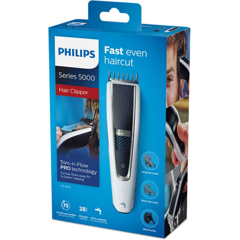 Philips Машинка за подстригване series 5000 Технология Trim-n-Flow PRO, 28 настройки за дължина (0,5 – 28 мм), 75 мин безкабелна употреба/8 ч зареждане, 100% миеща се-HC5610/15