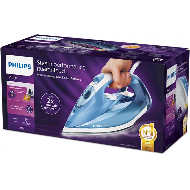 Philips Парна ютия Azur, 45 гр/мин непрекъсната пара 180 г парен удар Гладеща повърхност SteamGlide-GC4532/20