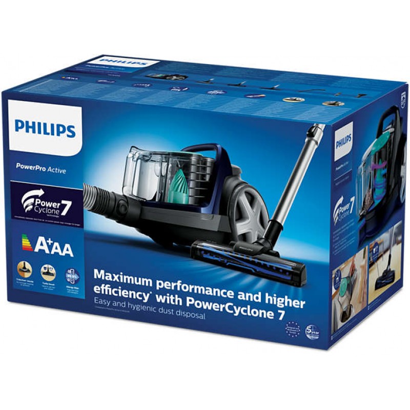 Philips Прахосмукачка без торба PowerPro Active Прахосмукачка без торба PowerCyclone 7, Филтър против алергии, Turbo Brush-FC9556/09